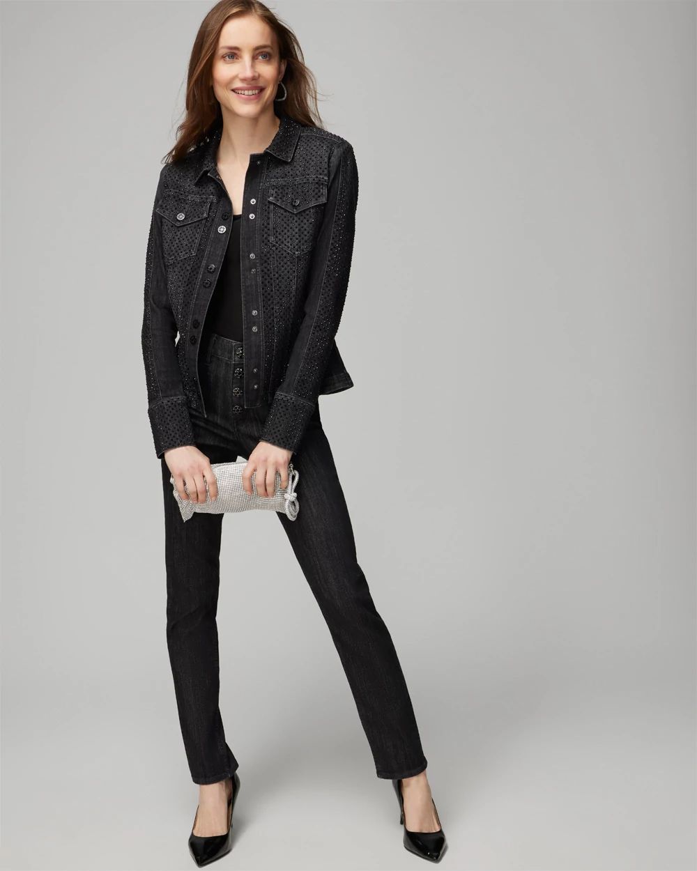 Petite All Over Embellished Denim Jacket | White House Black